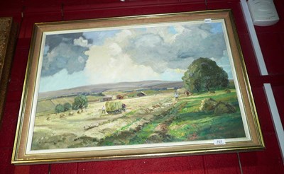 Lot 707 - Gordon Clifford Barlow, haymaking in Hawksworth, Yorkshire, oil on canvas