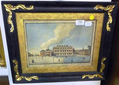 Lot 720 - 18th century gilt-framed watercolour landscape, figures with buildings in the foreground