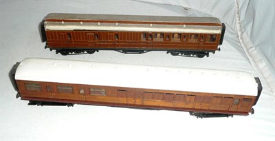 Lot 1031 - Two Kit Built 'O' Gauge Bogie Coaches, with wooden bodies, white roofs and four wheel bogies,...