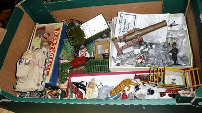 Lot 1060 - Mixed Toys, including Britains and Hills hollowcast lead figures, tumbrell, animals, hedging...