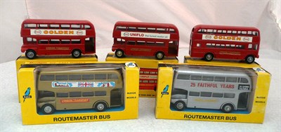 Lot 1093 - Five Boxed Budgie Routemaster Buses - two Esso Golden, Uniflo, 25 Faithful Years and Houses of...