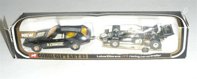 Lot 1130 - A Boxed Corgi Lotus Elite and JPS Racing Car on Trailer Gift Set 32, in black and gold window box