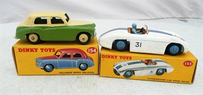 Lot 1147 - Two Boxed Dinky Cars:-  Hillman Minx Saloon No.154, in two tone green and cream; Cunningham...