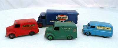 Lot 1155 - Four Dinky Advertising Vans - Guy Ever Ready Batteries, Trojan Dunlop Tyres, Bedford Ovaltine,...