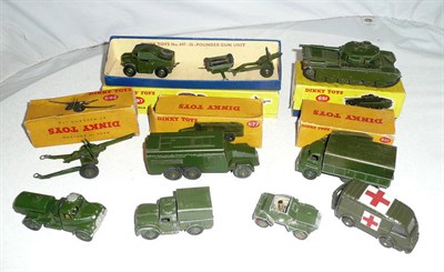 Lot 1166 - Nine Boxed Dinky Military Vehicles - 25 Pounder Field Gun Set No.697, Centurion Tank...