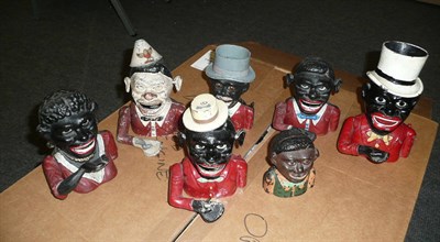 Lot 1179 - Seven Cast Metal Mechanical Minstrel Money Banks, including 'Jolly Nigger' bank with top hat,...