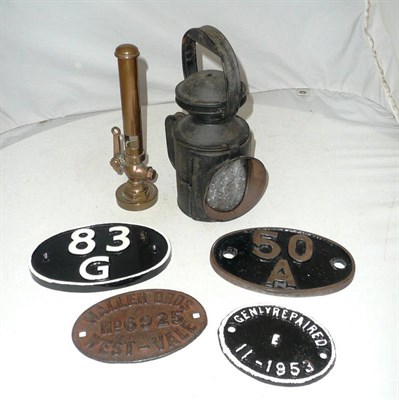 Lot 1208 - Railway Memorabilia, comprising a York shed plate, a Penzance shed plate, two wagon plates -...