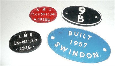 Lot 1209 - Four Cast Railway Engine/Shed Plates:- LMS Lot No.1134 1938; LMS Lot No.940 1936; 9 B; Built...