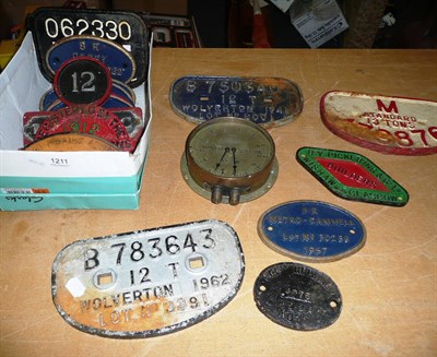 Lot 1211 - Nineteen Cast Metal Railway and Wagon Plaques, in iron and aluminium; A Brass Cased BR Duplex...