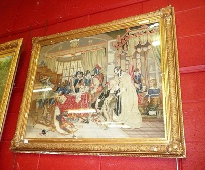 Lot 1569 - Large gilt framed woolwork picture, figures in period dress