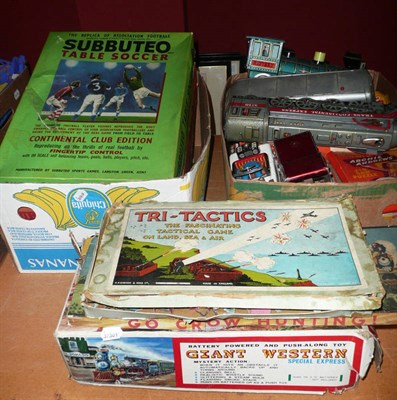 Lot 1090A - Mixed Toys, including Subbuteo Table Soccer and Rugby, boxed Giant western tinplate locomotive,...