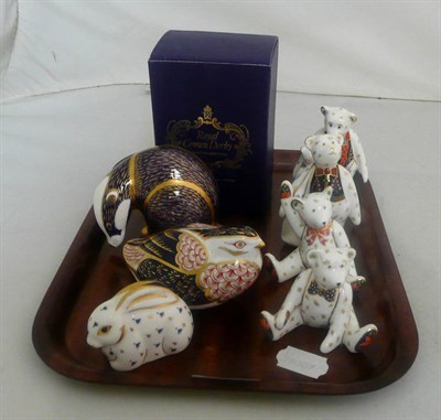 Lot 1 - Seven Royal Crown Derby paperweights - Badger, Quail, Rabbit and four teddy bears.