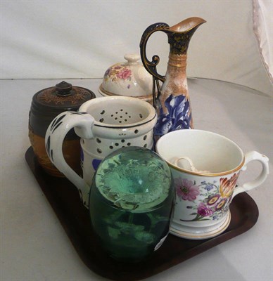 Lot 28 - Victorian green glass dump, Royal Doulton stoneware tobacco jar, Victorian mug 'Ellen Jane Meeson'