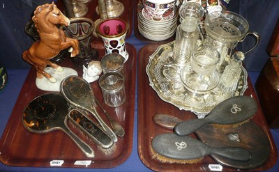 Lot 32 - Two trays including silver and tortoiseshell dressing table set, ruby flashed vases, Beswick...
