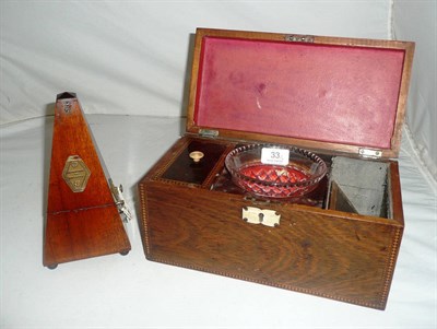 Lot 33 - A rosewood tea caddy with Tonbridge border and a walnut metronome