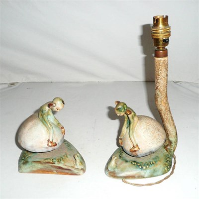 Lot 41 - Bourne Denby pottery bookend of a pixie seated on a toadstool and a matching table lamp (a.f.)