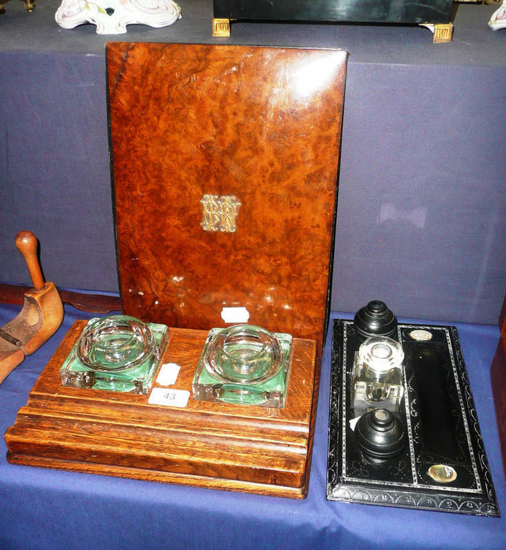 Lot 43 - Burr walnut blotter and two inkstands