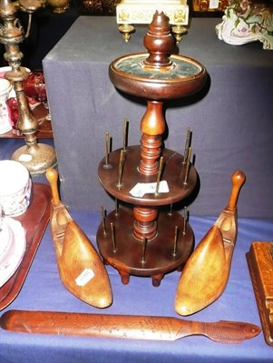 Lot 44 - Two tier bobbin holder, a pair of wooden shoe trees and a fish shaped carved page turner