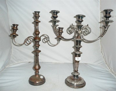 Lot 52 - An Old Sheffield Plate two branch candelabrum and a plated on copper candelabrum