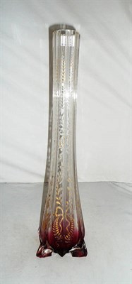 Lot 53 - Victorian tall vase etched with floral decoration with cranberry shading to the base