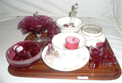 Lot 63 - Cranberry glass pedestal dish, various bowls, jugs, salts, etc and Royal Crown Derby 'Derby Posies'