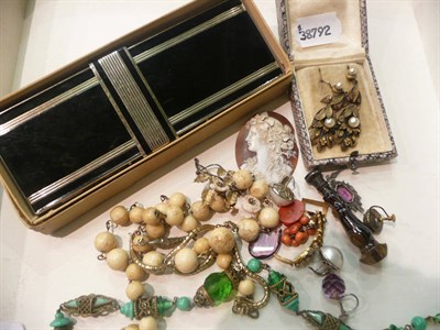 Lot 69 - A combination compact, agate seal, earrings, necklaces, damaged jewellery, etc