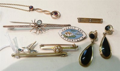 Lot 95 - A spider bar brooch, three other bar brooches, a pair of drop earrings, an Edwardian drop...