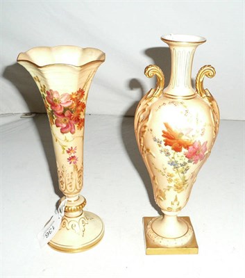Lot 136 - Royal Worcester blush ivory trumpet vase and a Royal Worcester blush ivory twin-handled vase...