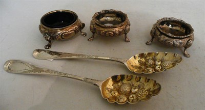 Lot 140 - Three silver salts (one liner) and a pair of silver berry spoons