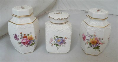 Lot 142 - Royal Crown Derby 'Derby Posies' late 1930's hexagonal caddy and cover and two others