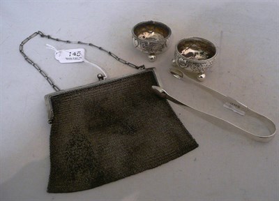 Lot 145 - Pair of silver salts, silver purse and a pair of Newcastle sugar nips