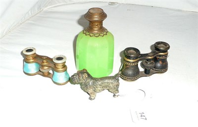 Lot 147 - Green opaline scent, two pairs of opera glasses and a Bergman dog