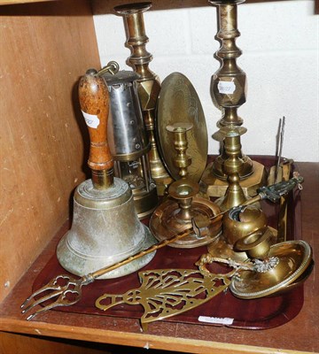 Lot 166 - Tray of brassware including candlesticks, a miner's lamp, etc