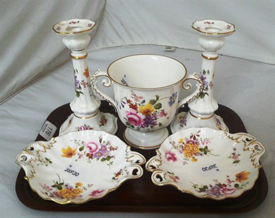Lot 176 - A pair of Royal Crown Derby 'Derby Posies' table candlesticks, pair of two handled shaped...