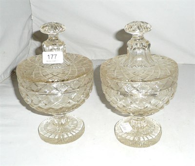 Lot 177 - Pair of cut glass covered urns