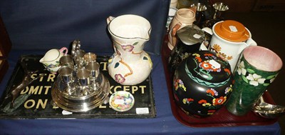 Lot 186 - A hunting jug, a black teapot, ginger jar and cover, plated fish servers etc