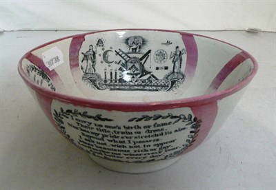 Lot 199 - Sunderland pink lustre decorated bowl with verse and Masonic motifs