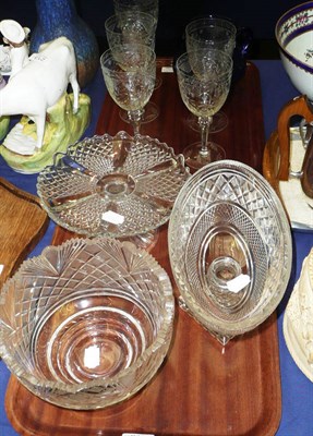 Lot 211 - Two cut glass bowls (a.f.), a blue glass jug and five glasses and a cake stand