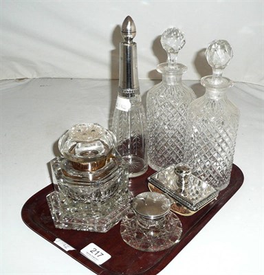 Lot 217 - French cut glass and white metal bottle, pair of decanters, silver blotter, silver and glass...