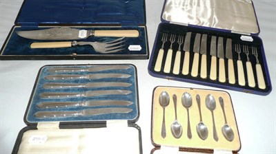 Lot 224 - Six silver Walker & Hall teaspoons, fish servers, dessert knives and forks and tea knives (4)