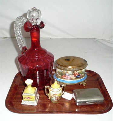 Lot 234 - A Sevres style oval box and cover, a cranberry decanter, a small Dresden style vase, cover and...