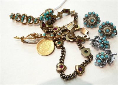 Lot 273 - A turquoise bar brooch, another, a ring, two pairs of earrings, a gold ten franc piece on a...