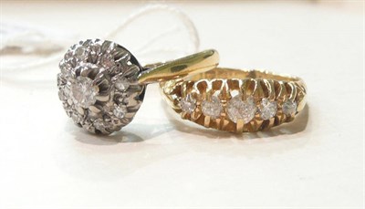 Lot 277 - An 18ct gold diamond five stone ring and a diamond cluster ring