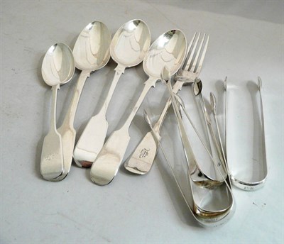 Lot 308 - Four silver spoons, a silver fork, and four pairs of silver sugar tongs, approx 15oz