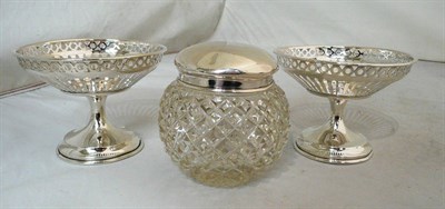 Lot 330 - A pair of silver pedestal bon-bon dishes and a cut glass pot with silver lid