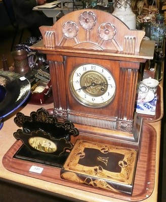 Lot 345 - A mantel clock, letter desk holder and a wooden photo holder