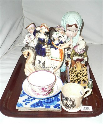 Lot 346 - A tray of ceramics including pearlware 'Mary' mug, bisque bust of a girl, Staffordshire...