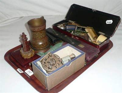 Lot 347 - Collectables including pocket telescope, sewing items, brass cribbage board, drawing...