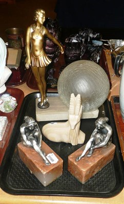 Lot 349 - An Art Deco spelter and alabaster figural table lamp and a pair of bookends and an antelope