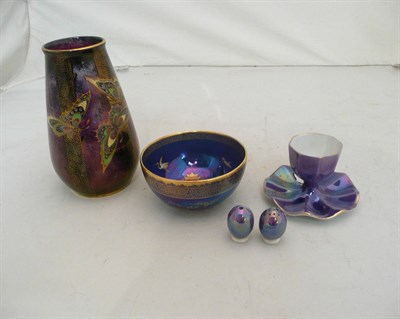 Lot 359 - A Carlton Ware lustre chinoiserie bowl, an egg cup, pair of condiments and an unmarked lustre vase